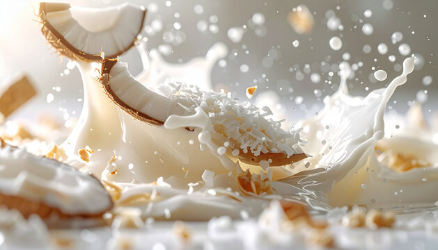 Coconut flakes falling in motion blur with macro closeup yogurt texture