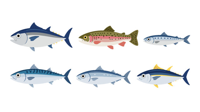 Set of six fish species in flat vector illustration