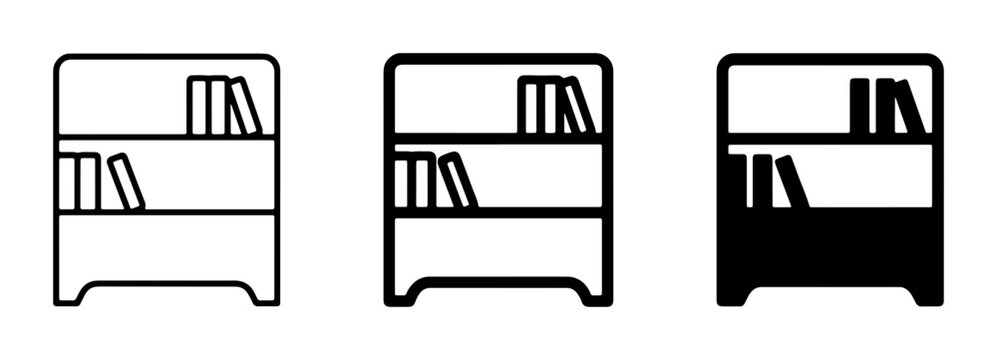 Bookcase Icons, Minimalist Shelving Vector Graphics, Library Furniture Set, Outline and Solid Fill Styles