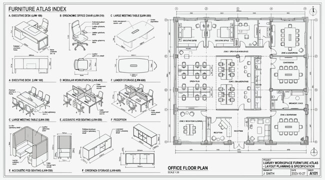 Office floor plan with furniture layout and dimensions