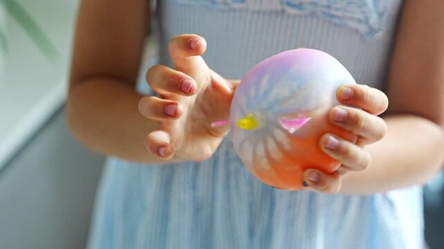 Hands squeeze a soft squishy stress relief toy during sensory play. Tactile interaction promotes relaxation, emotional regulation and stress reduction.