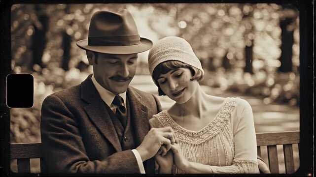 A couple in vintage attire shares a tender moment on a park bench.