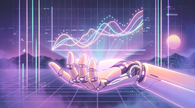 Robotic hand forecasting time-series trends and cryptocurrency pricing on a trading screen, representing algorithmic trading bots and autonomous portfolio management - Alternative Render View