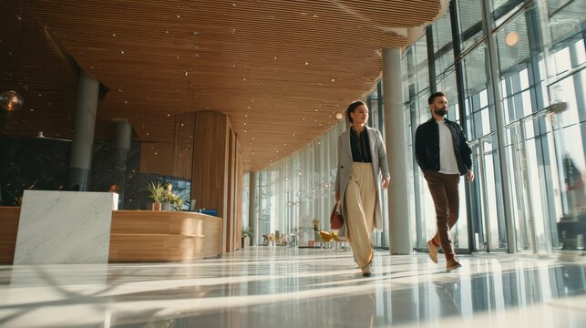 elegant bank interior, two people in suits and one casually dressed, calm interaction, bright natural light from windows, clean surfaces