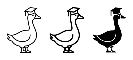 Obraz premium Graduation Goose Icons, Three Styles: Outline, Filled Outline, and Solid Black Silhouette, Representing Education and Learning Concepts