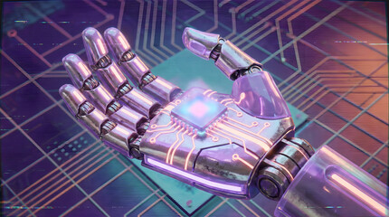 Naklejka premium Robotic hand holding a glowing qubit sphere with wave lines, representing quantum computing supremacy, molecular simulations, pharmaceutical research, and futuristic tech - Alternative Render View