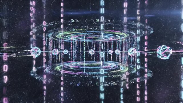 Abstract digital network with orbiting atomic structures in a starry expanse.