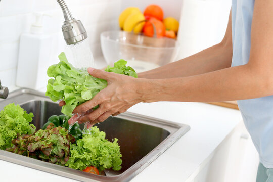 Young female hands carefully washing green fresh vegetable under a flowing kitchen tap. Woman hands wash fresh organic vegetables under running water in kitchen sink. Food hygiene and safety practices