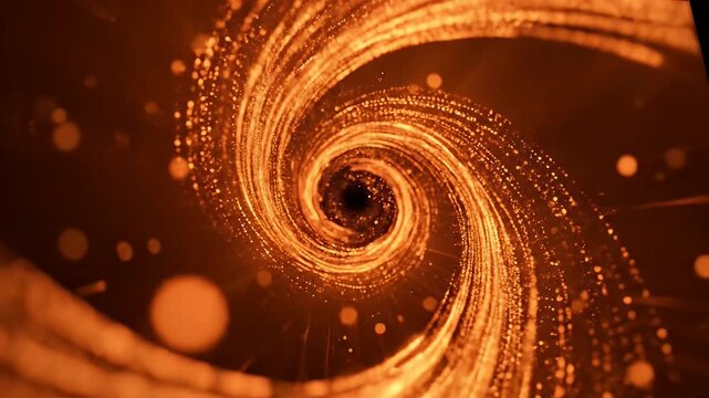 An abstract swirling vortex of golden light particles creates a mesmerizing tunnel effect.
