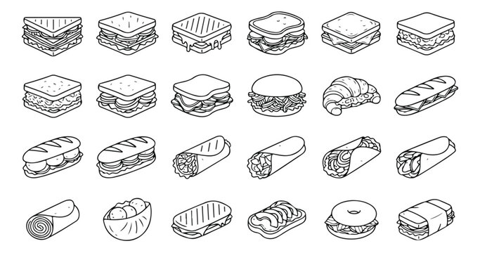 Minimalist sandwich line icons, set of 24 fast food and deli lunch vector illustrations, black and white outline cafe menu graphics