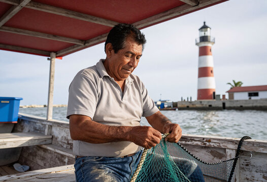 Mexican Fisherman Repairing Nets on Wooden Boat