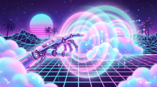 Robotic hand scaling cloud resources and managing GPU cluster servers, representing modern data center infrastructure, grid electricity conservation, and cloud operations - Alternative Render View