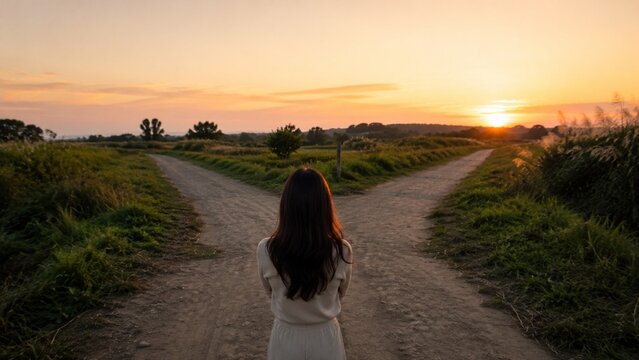 夕暮れの壮大な風景の中で、分かれ道の前に静かに立つ女性の後ろ姿とシルエット。人生の転機や進路の選択、新しい未来への期待と迷いの混ざったアンビバレントな感情を表現したコンセプトビジュアル