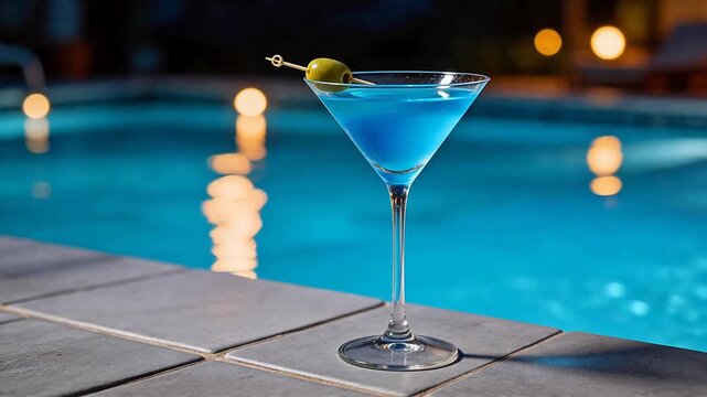 Blue cocktail by poolside at night