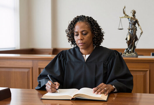 African American Female Judge Ruling in Courtroom