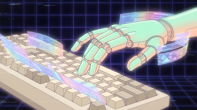 Robotic hand typing code on a retro mechanical keyboard, representing side-by-side human and artificial intelligence team work, coding assistant, and automated programming