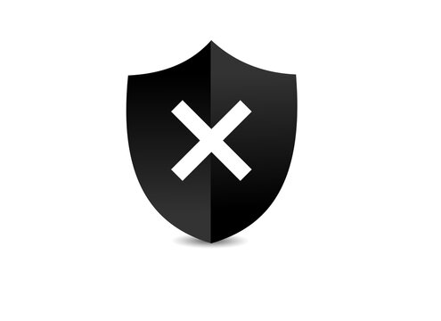 A black shield-shaped icon with a black cross mark indicating prohibition or restriction in vector format.