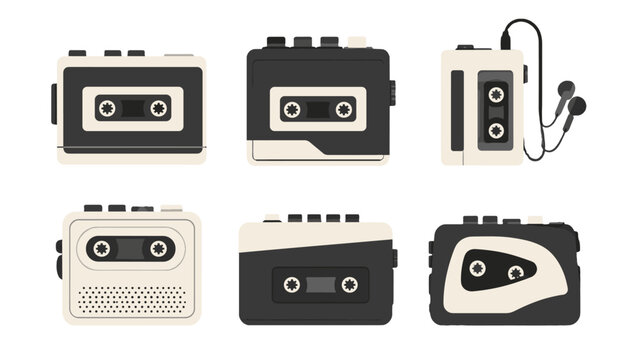 Retro cassette player set in flat vector style