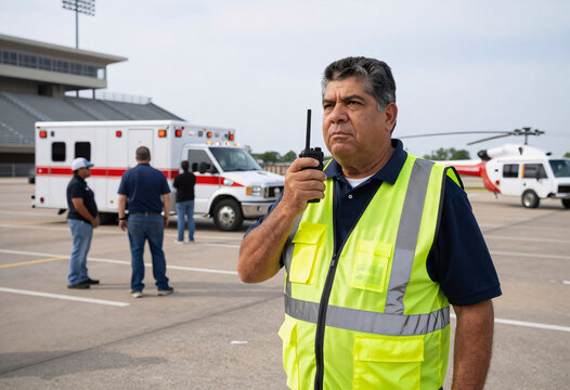 Hispanic Volunteer Directing Evacuees at Sports Stadium