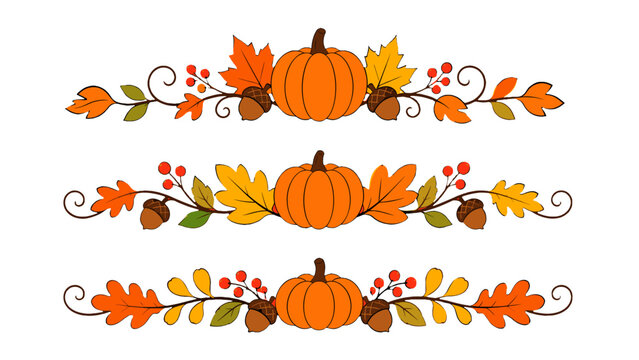 Autumn pumpkin divider borders with leaves acorns and berries