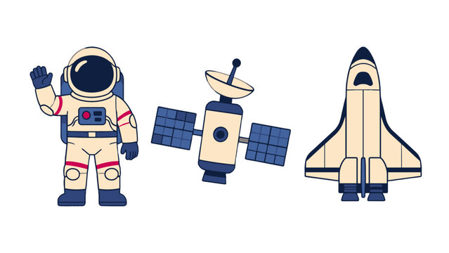 Astronaut satellite and space shuttle vector icon set