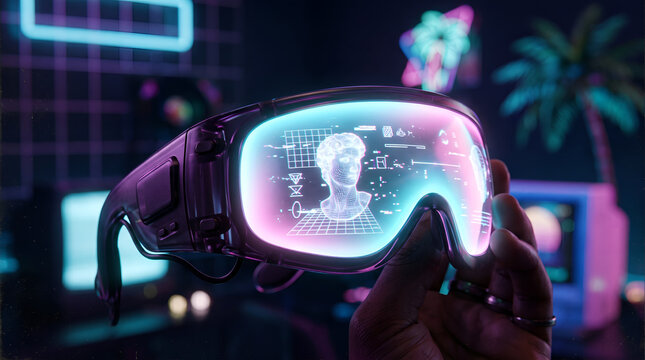 Futuristic smart glasses visor projecting light HUD and data displays, representing spatial computing, wearable technology, and augmented reality glasses navigation - Alternative Render View