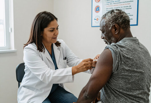Hispanic Female Doctor Vaccinating African American Senior