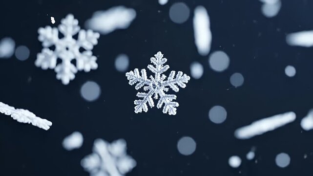 Detailed snowflakes fall against a dark, bokeh-filled background.