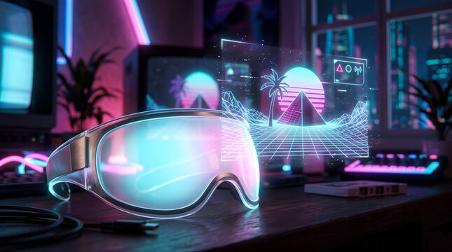 Futuristic smart glasses visor projecting light HUD and data displays, representing spatial computing, wearable technology, and augmented reality glasses navigation