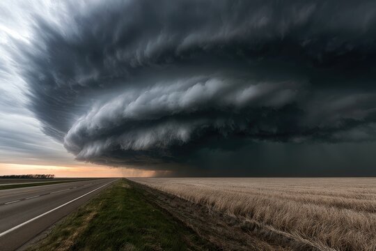 Massive Supercell Thunderstorm Approaching Over Rural Landscape.