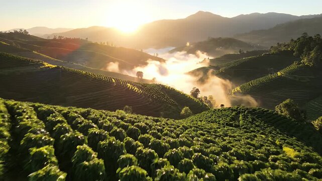 Sunrise over a lush coffee plantation in the mountains, with mist rolling through the valleys.
