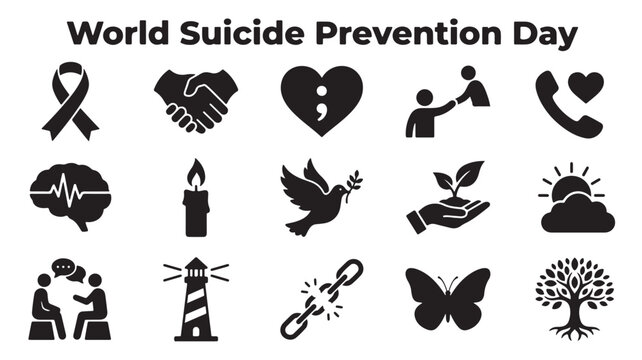 World Suicide Prevention Day icon set, mental health awareness symbols, 15 black vector icons for hope and support, psychological wellness graphics