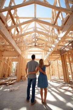 A happy couple standing in the middle and looking at their dream house under construction.