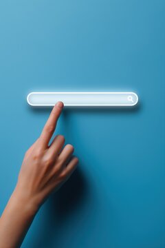 A hand is pointing at the search bar on a blue background, with white empty space for text.
