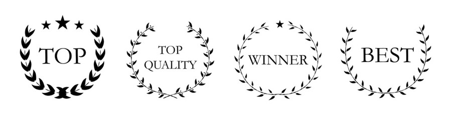 Fototapeta premium Vector black laurels set. Circular foliate laurels branches, laurel wreath silhouette. Trophy crest, Greek olive branch award, winner round emblem for certificate or diploma border decoration.