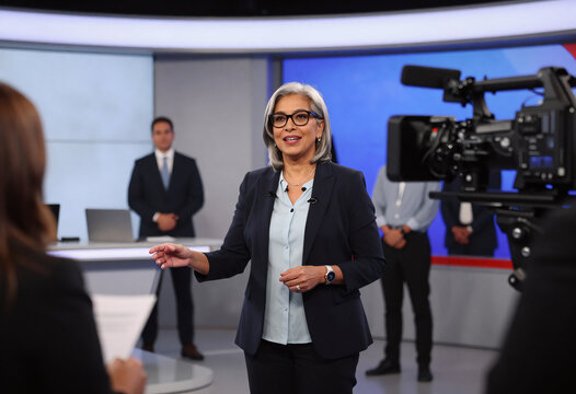 Latin Woman Directing News Team in TV Studio