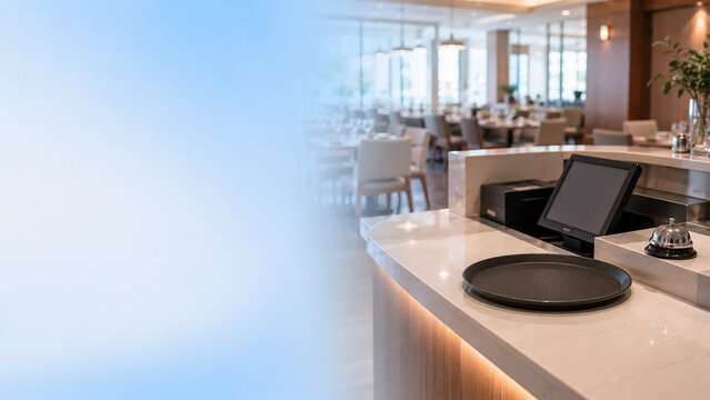 Empty empty restaurant server station with set tables in background, restaurant staff shortage and recruitment concept banner with copy space