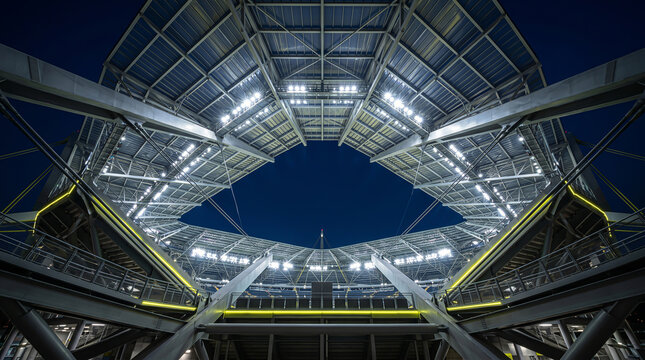 Architectural symmetry of a futuristic sports arena roof featuring complex steel girders and bright floodlights against a dark midnight sky.