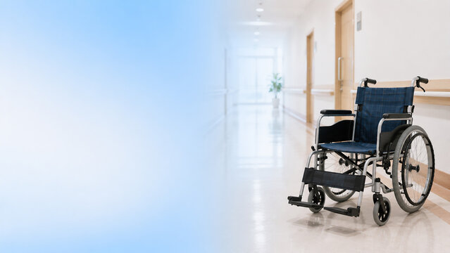 Empty empty wheelchair in bright nursing home corridor, caregiver shortage and aging society and recruitment concept banner with copy space