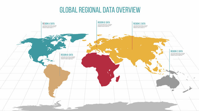 A global regional data overview map displays world regions in color