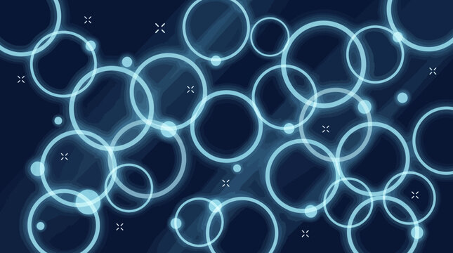 Glowing blue circles and orbs illuminate a dark background with radiant beams and light effects.