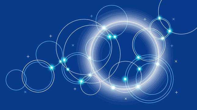 Glowing blue circles and dots shine on a dark blue background with white accents.