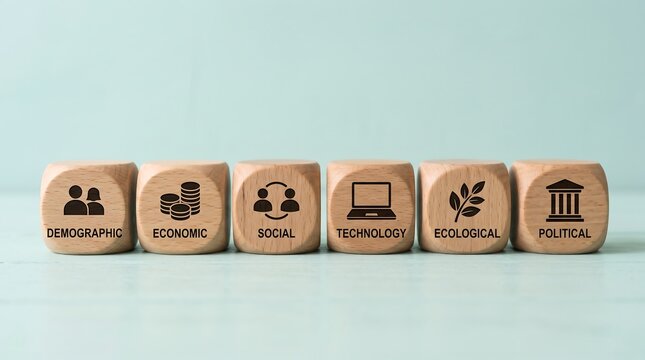Wooden blocks with icons representing PESTLE analysis factors: Demographic, Economic, Social, Technology, Ecological, and Political.