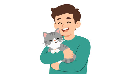 Smiling boy hugging a gray cat flat vector illustration