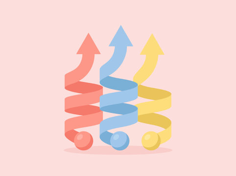 Three colorful arrows spiral upwards in unison.