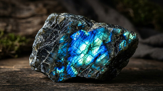 A vibrant labradorite crystal glows on a wooden surface in nature