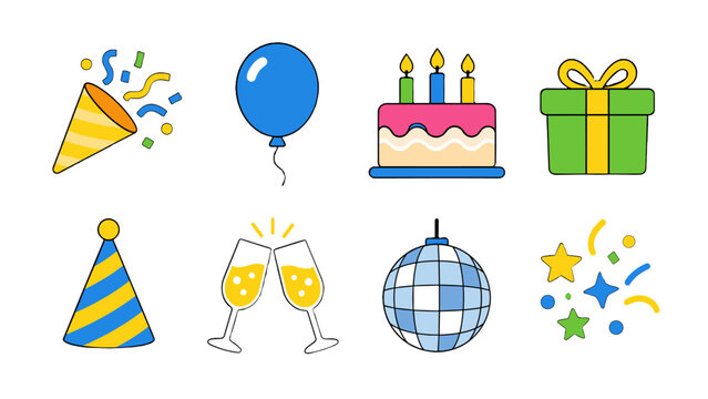 Colorful party icon set with balloon cake gift and confetti