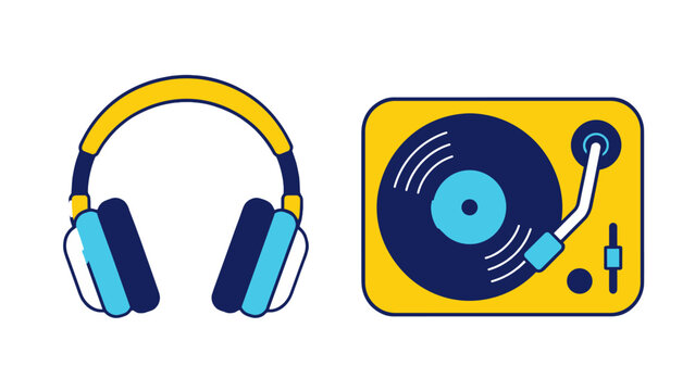 Headphones and turntable in colorful flat vector style