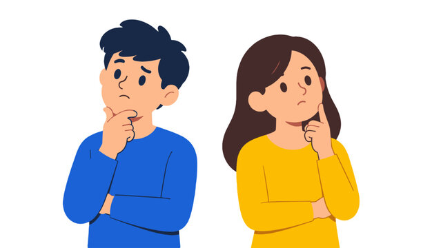 Confused man and woman thinking with question marks