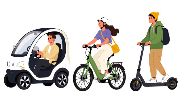 People riding compact electric car, bicycle and scooter